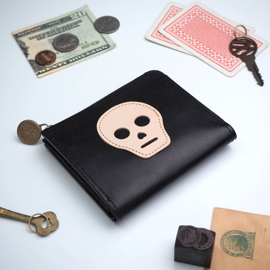 L-Shaped Zipper Wallet with Skull Patchwork in Black Compact Cowhide Leather