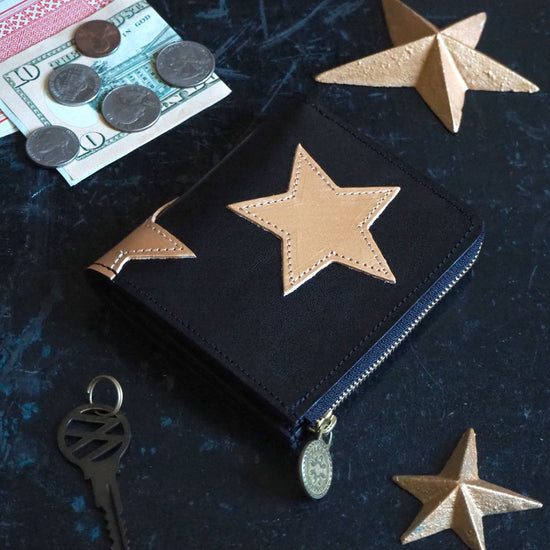L-Shaped Zipper Wallet (Star Patchwork) Genuine Leather Compact Star