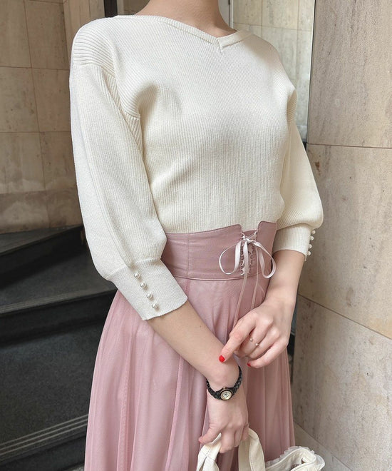 V-Neck Knit Pullover w/Pearl Cuff Buttons