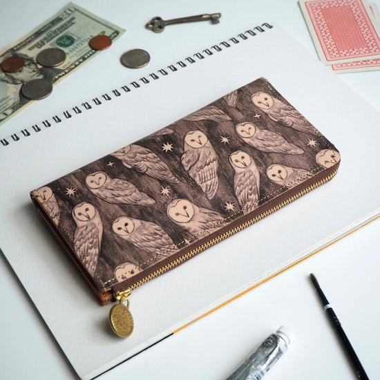 L-Shape Zipper Long Wallet (Holy Owl) All Leather for Ladies and Men