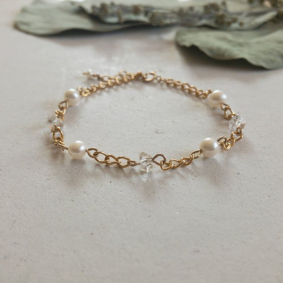 [14kgf] Bracelet - Freshwater Pearl & Herkimer Diamonds