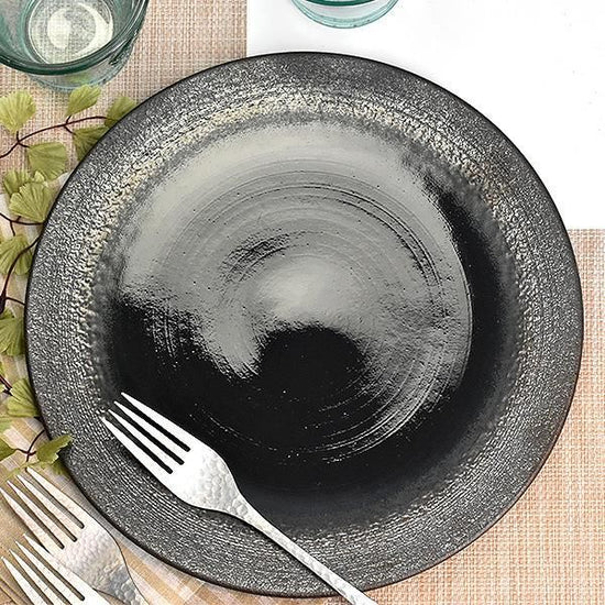 Carbonized Navy Flat L Black Japanese Tableware Round Large Plate Made in Japan Minoyaki, Stylish, Modern