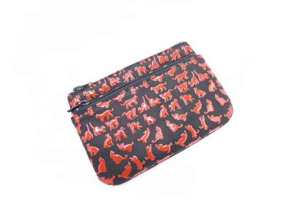 Double Zipper Wallet, Black/Red Cat Print