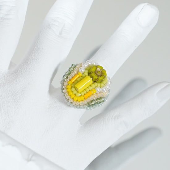 Chatty ring 109 free size bead embroidery ring flower yellow large ring