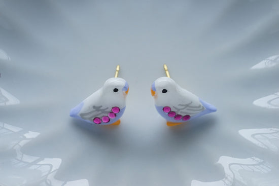 Budgies (Lavender) Pierced earrings and Clip-on earrings in Resin with Swaros