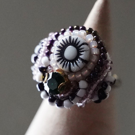 Fashionable Ring 25 Free Size Beaded Embroidery Ring Flower Bijoux Black White Colorful Multicolor