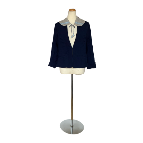 Kogin Sashimi Navy Jacket with Round Collar by Tokuko Kakudate