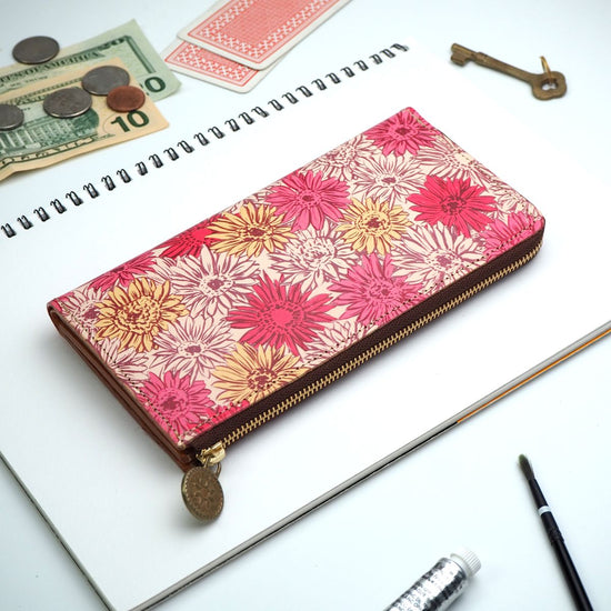 L-Shaped Zipper Long Wallet (Gerbera) Genuine Leather Compact Flower Pattern