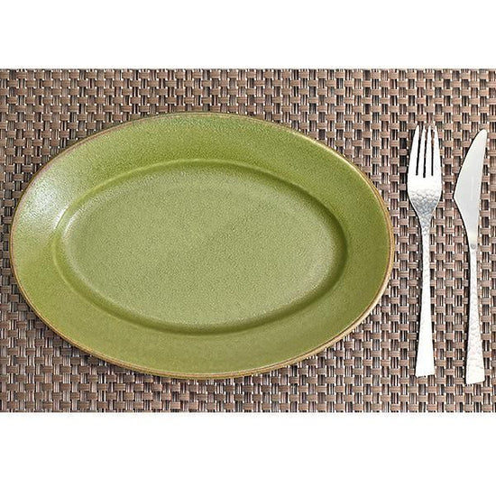 Olive 12" oval, greenish, Western tableware, oval plate, shaped plate, made in Japan, Minoyaki, stylish.
