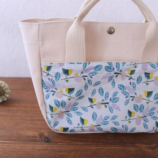 Canvas tote pouch (wide gusset) with small birds and leaves