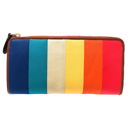Calf leather striped long wallet (Camel)