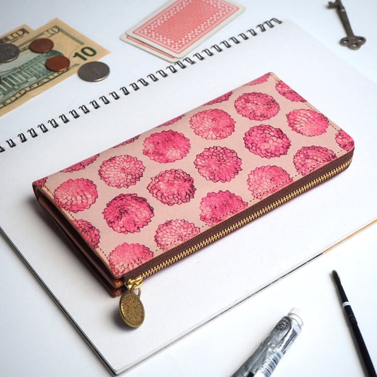 L-Shape Zipper Long Wallet (Dahlia Dot) All Leather for Ladies