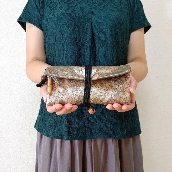 Kyoto, special edition, purse, rolled bag, made of green cotton pongee style, iridescent foil, cotton foil processing