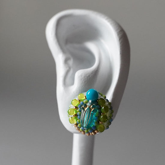 Beaded embroidered clip-on earrings Pierced earrings 12 blue green gold large size one-of-a-kind unique flower