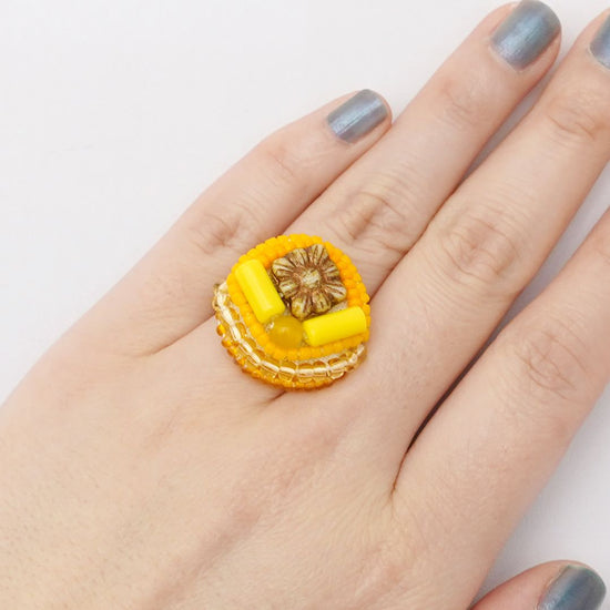 Chatty ring 27 free size beaded embroidery ring flower orange yellow colorful vitamin color