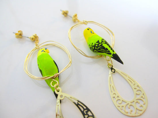 Budgies (Green) Pierced earrings with Drop earrings and Clip-on earrings