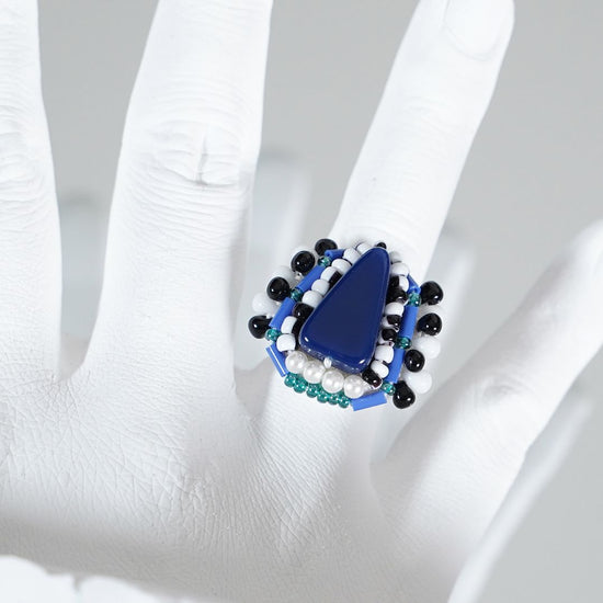 Chatty ring 90 free size bead embroidery ring blue colorful