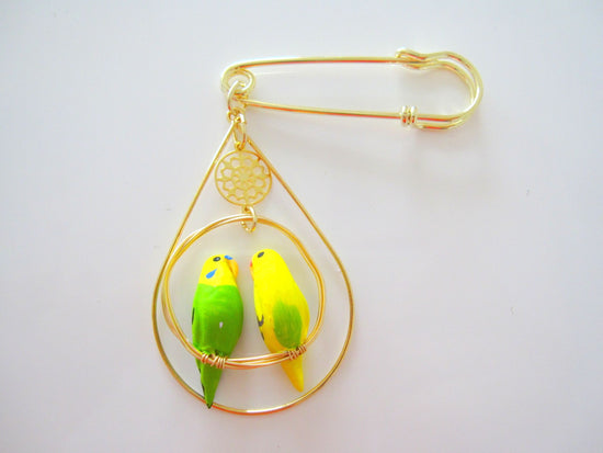 Two Budgies (Green and Yellow) Brooch