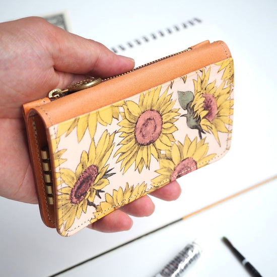 Key Case with Wide Zipper Pocket (Sunflower) Cowhide