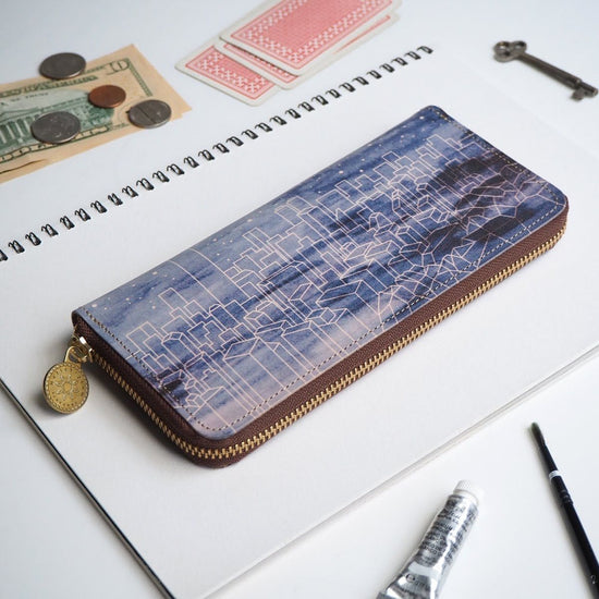 Round Zipper Long Wallet (Starry Night) All Leather Cowhide