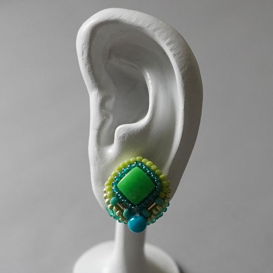 Clip-on earrings with bead embroidery Pierced earrings 2 green blue large one-of-a-kind