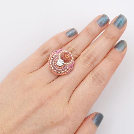 Chatty ring 35 free size beads embroidery ring flower bijoux pink colorful multicolor