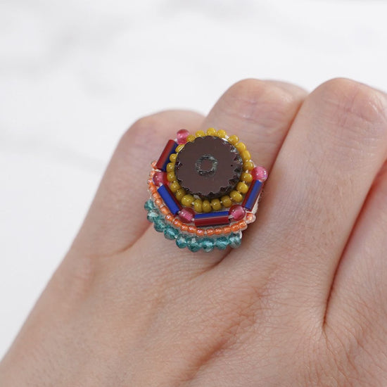 Chatty ring 45 free size bead embroidery ring round brown colorful multi-colored