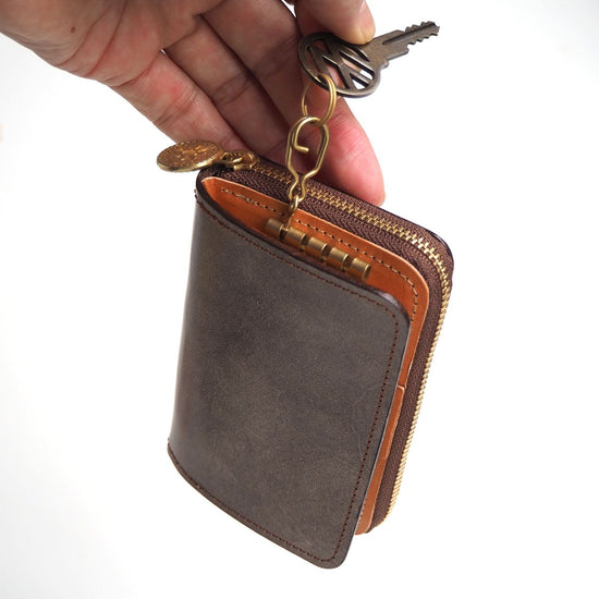 Key Wallet [ Small Wallet + Key Case ] (Waxed Leather, Dark Chocolate) Genuine Leather