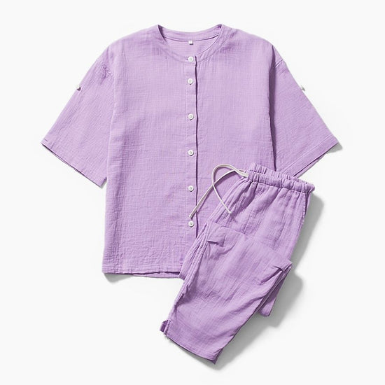 Cotton Linen High-Twisted Waffle Gauze Short-Sleeved pajamas for Women Lavender