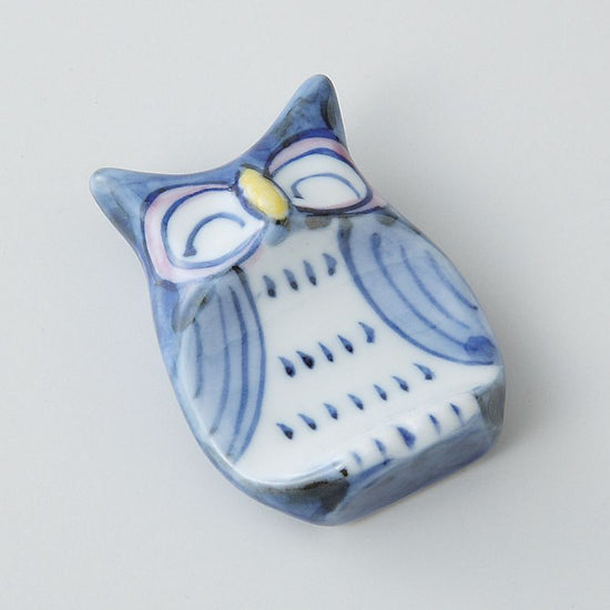 [Hasamiyaki] Hand-Painted Owl Decorated Chopstick Rest, Blue, Small