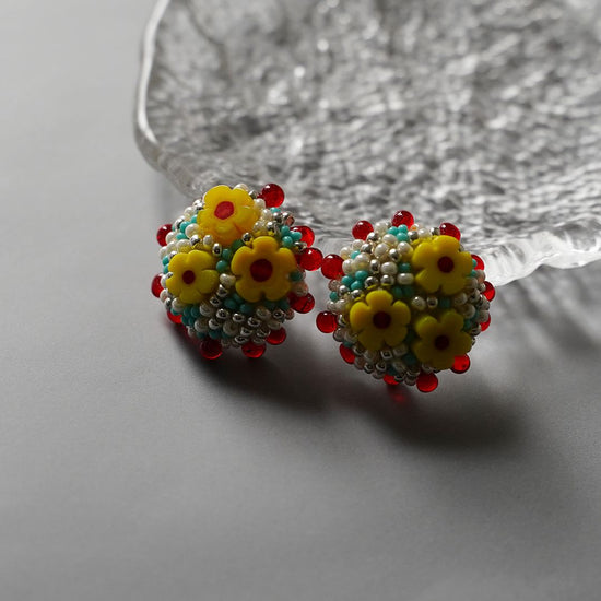 Kitchen 8 Clip-on earrings Pierced earrings beaded embroidered yellow silver red blue large