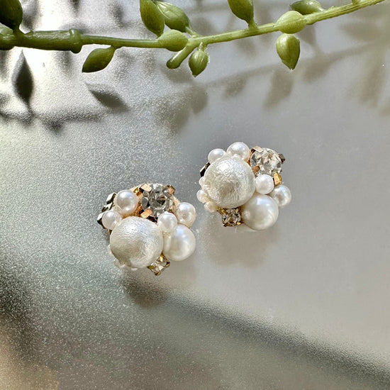 White Pearl Pierced earrings with Bead Embroidery, Clip-on earrings
