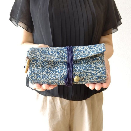 Kyoto Michu purse roll bag made of washed denim navy blue fabric, running water, medium color