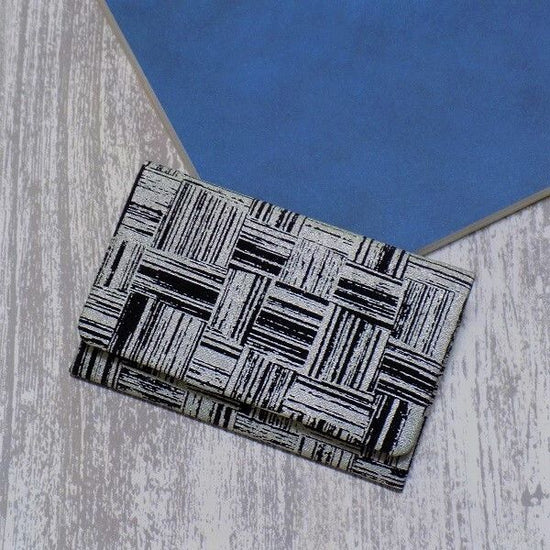Kyoto Business card case, silver lamé silk, checkered silver, made of black silk