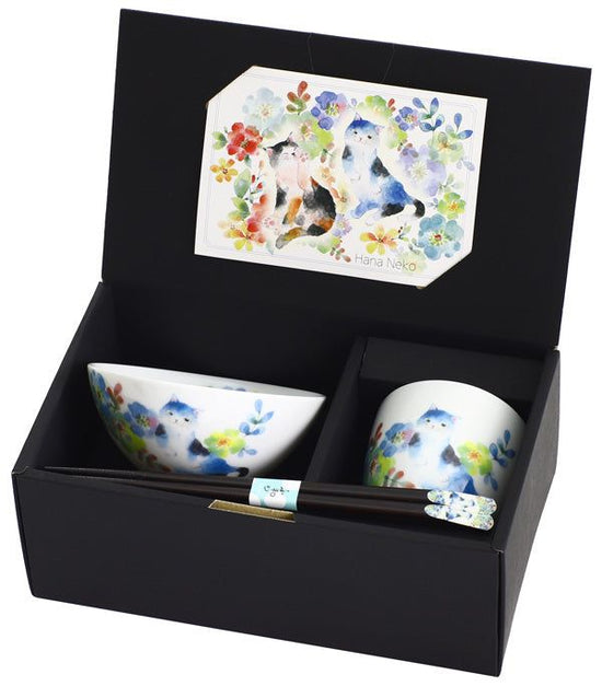 Flower Cat Teacups Blue with Tenpou Chopsticks (23211)