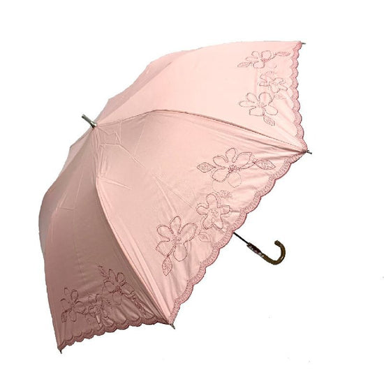 Short Wide Umbrella Cotton and Polyester Hem Scalloped Plumeria Embroidery Rain or Shine