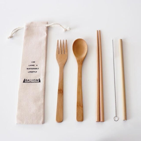 Bamboo Cutlery Set BCS-04 (spoon, fork, chopsticks, straw, cleaning brush, storage pouch) | BALIISM