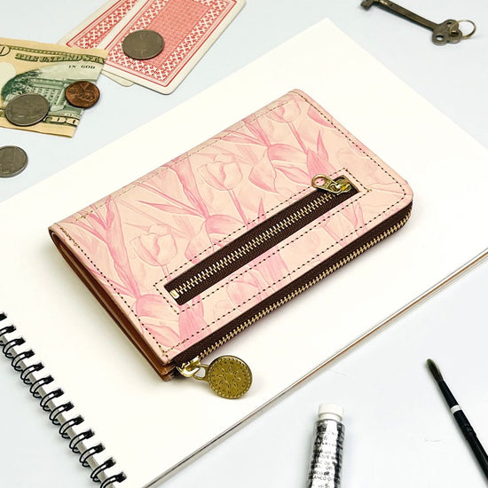 L-Shaped Zipper Middle Wallet (Feminine Tulip) Flower Cowhide Compact