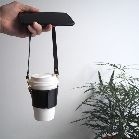 Adjustable Coffee Cup Sleeve in Black Leather