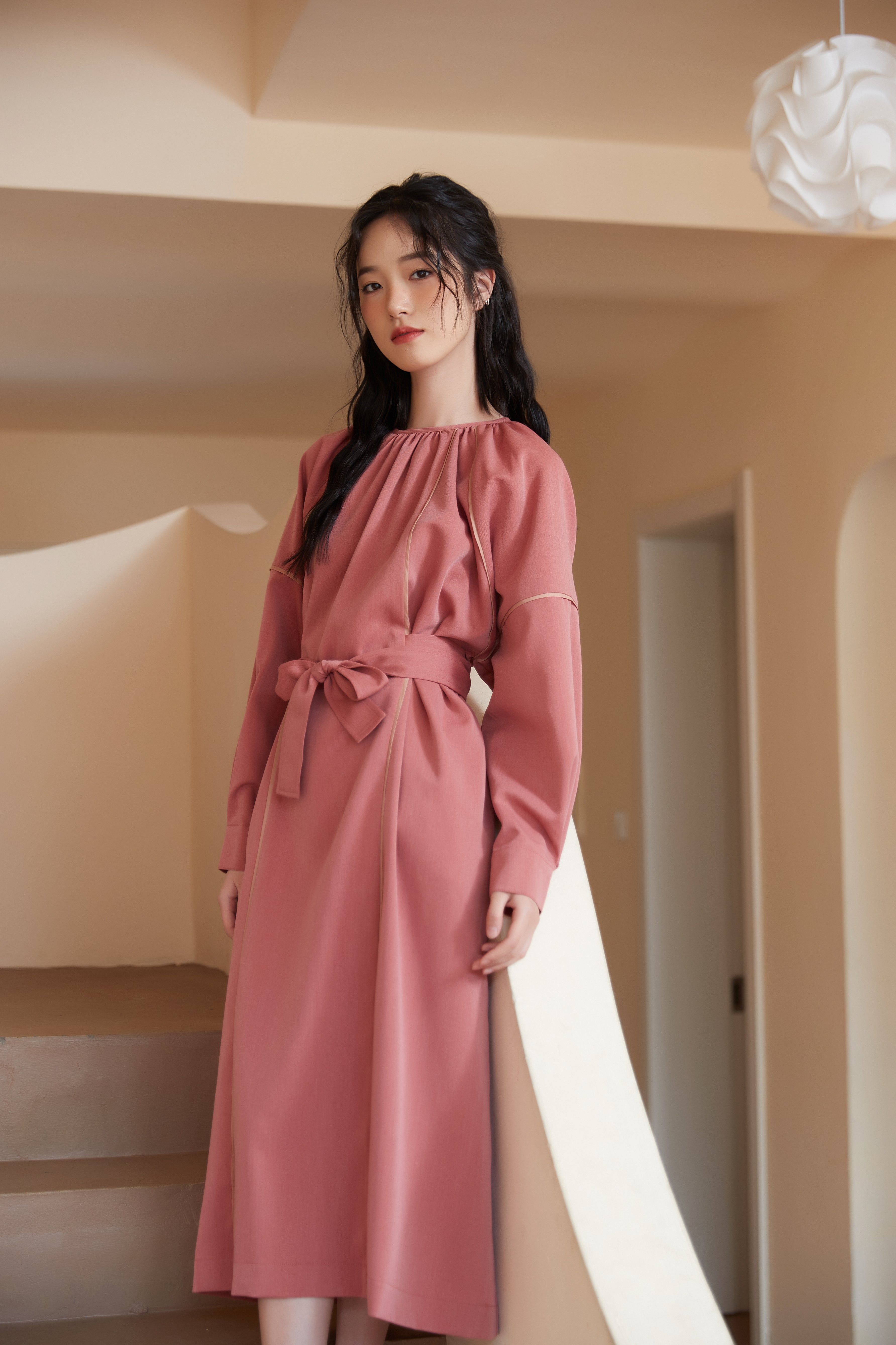 Long-Sleeved Gathered Dress with Piping Detail Belt – orosy