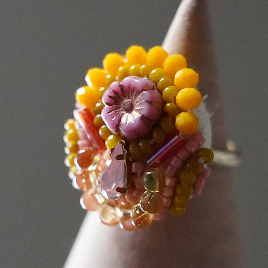 Chatty ring 91 free size bead embroidery ring flower yellow pink