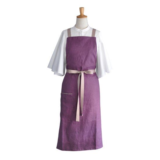 Linen apron with shoulder straps - Purple x Latte