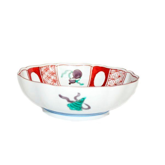 [Eisyou] 5"-ringed flower bowl, red glaze with trefoil design