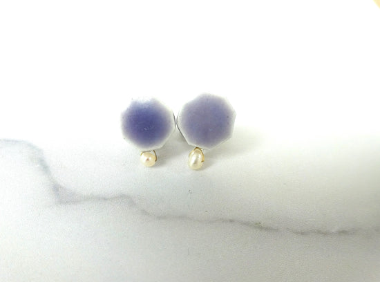 Ceramic pierce/earring with small octagons and small freshwater pearls (lavender)