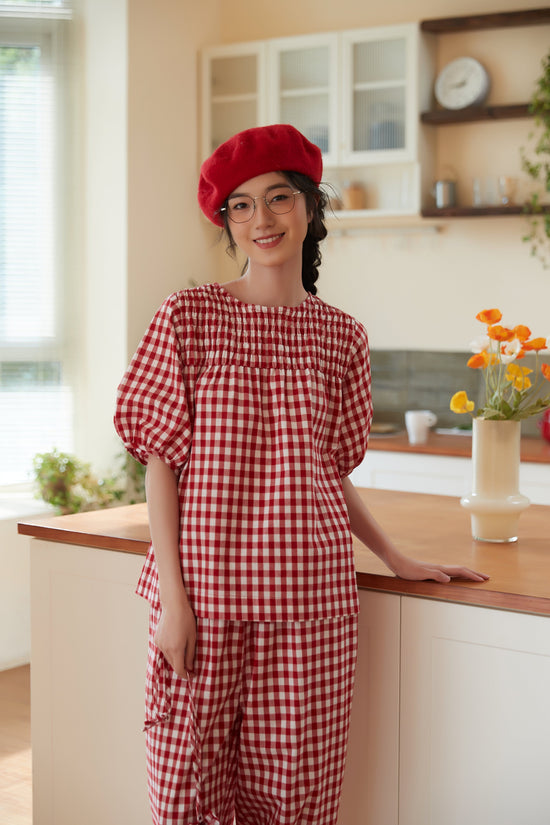 Red Gingham Check Smocking Embroidery Short-Sleeved Top