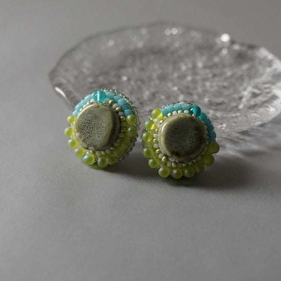 Beaded embroidery Clip-on earrings Pierced earrings 28 Circle Green Blue Large Surgical Stainless Steel One-of-a-kind Unique