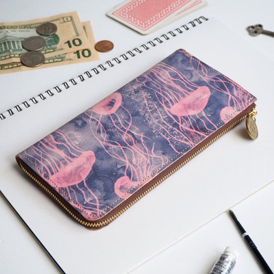 L-Shape Zipper Long Wallet (Dreamy Jellyfish) All Leather for Ladies and Men