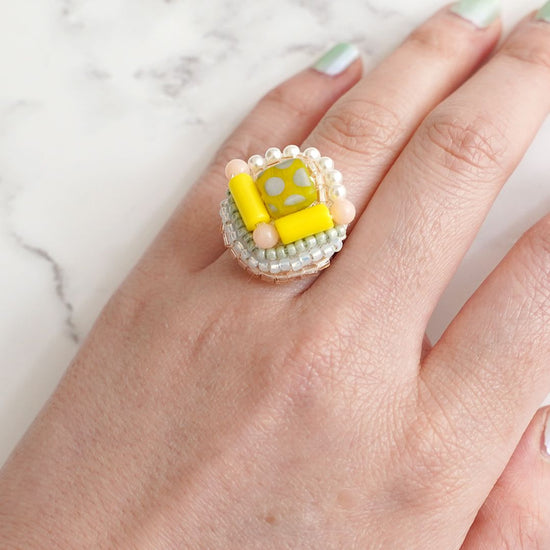 Chatty ring 2 free size bead embroidery ring dot yellow multicolor