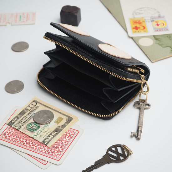 Key Wallet [ Key Case + Mini Wallet ] (Polka Dot Patchwork / Black) Genuine Leather Dot