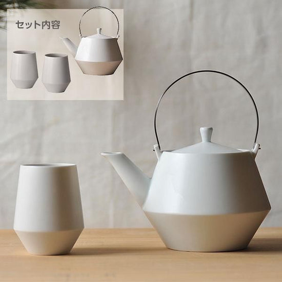 Frustum earthenware jar and teacup, set of 2, white, Japanese tableware, earthenware jar, teapot, pot, teacup, made in Japan, Minoyaki, stylish, modern